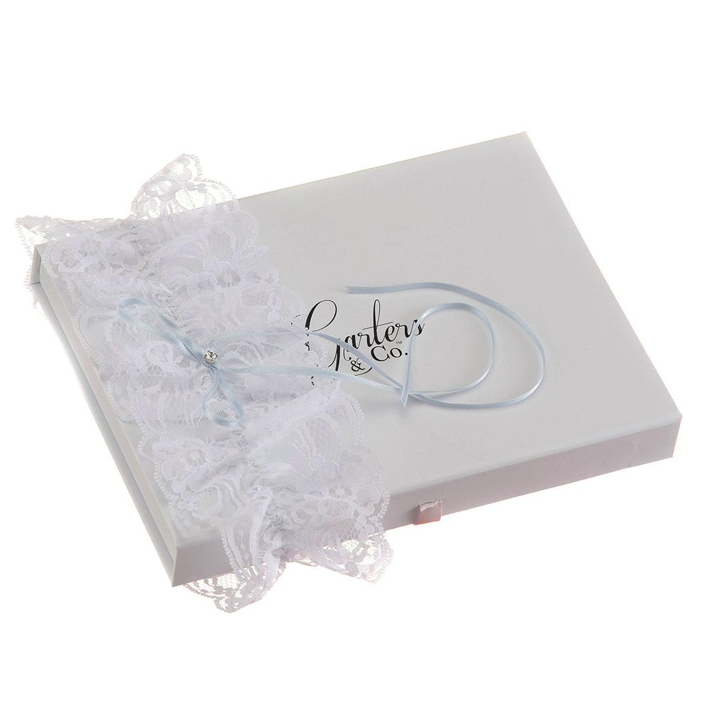 Laura-Lace-Wedding-Garter-with-Blue-Bow-Garter Lace Garter with a blue bow and rhinestone