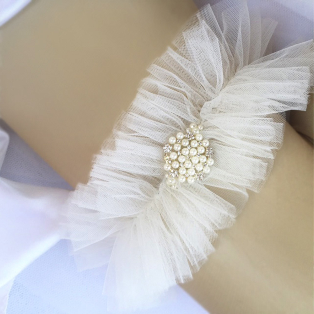 Bella Bridal White Wedding Garter2 Italian tulle bridal garter with pearl and rhinestone embellishment