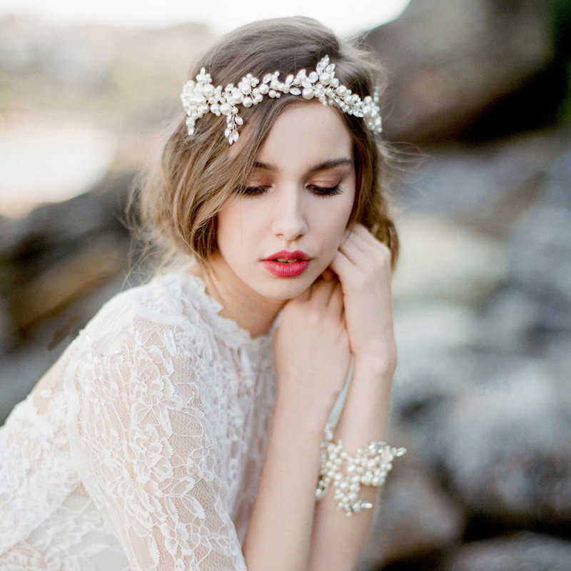 Bride Wearing a Pearl Bridal Headpiece