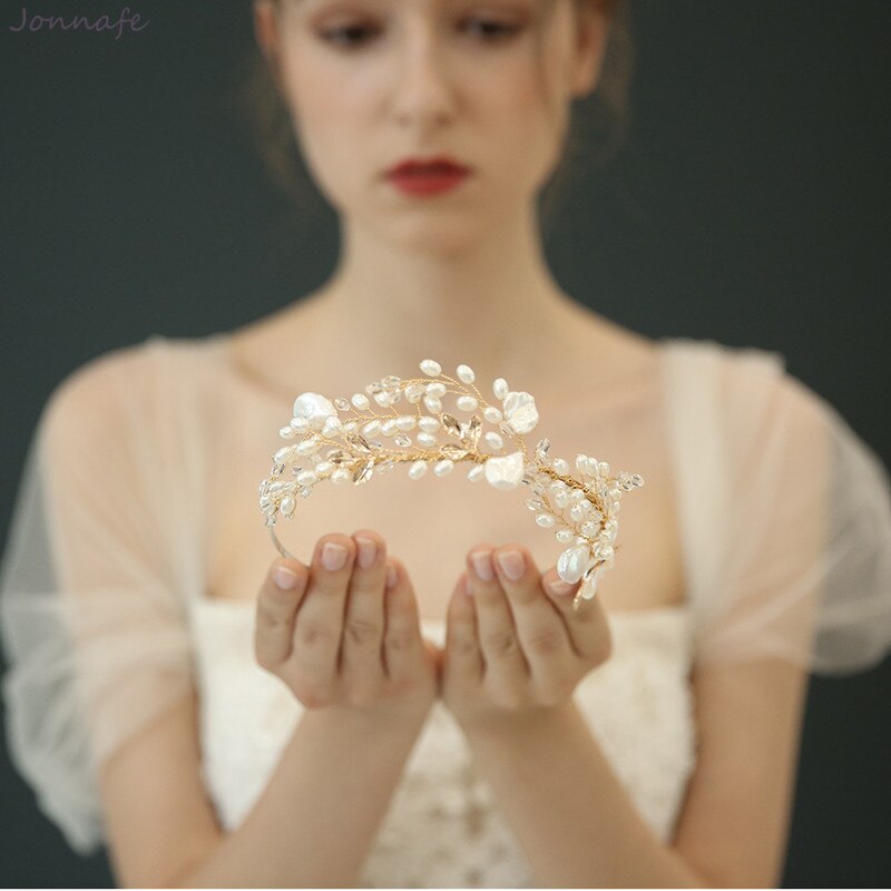 Pearl Bridal Crown with Handmade Gold Leaves Delicate Pearl and gold leaf Bridal Crown