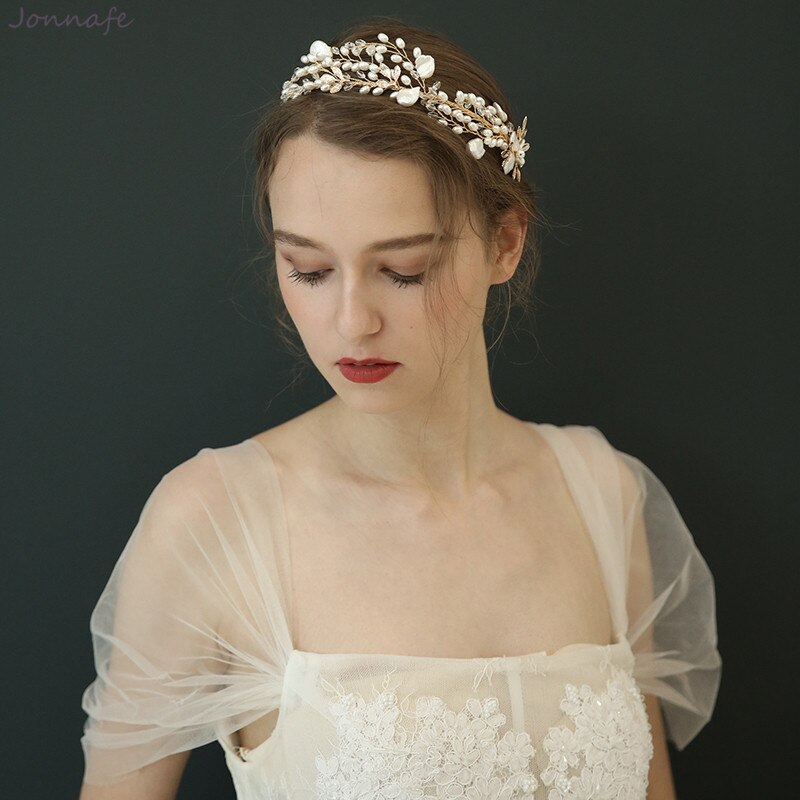 Pearl Bridal Crown with Handmade Gold Leaves1