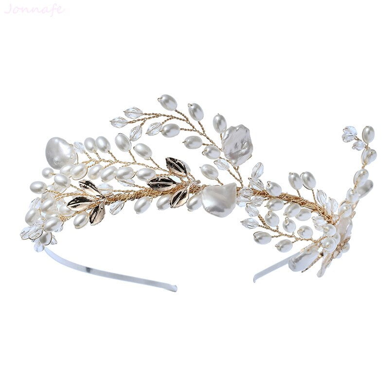 Pearl Bridal Crown with Handmade Gold Leaves2 Pearl and gold leaf Bridal Crown